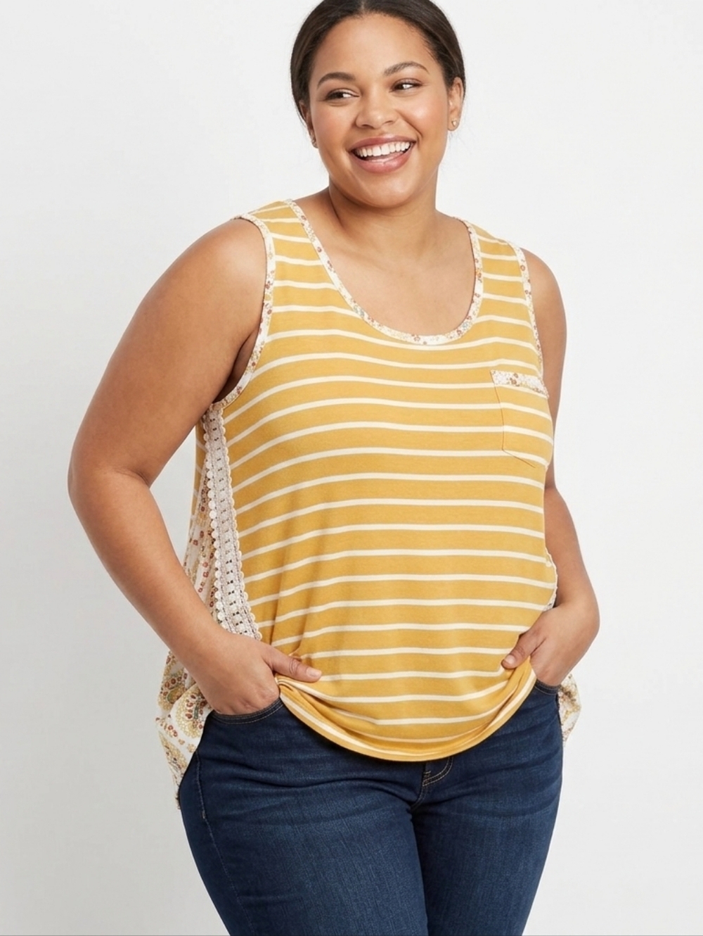 J&S Plus Size Yellow Striped and Paisley Tank Top